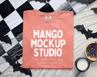 Comfort Colors c1717 Terracotta Shirt Mockup | CC 1717 Halloween Flat Lay Mockups | Orange Halloween T-shirt Mocks | Spooky Styled Mock
