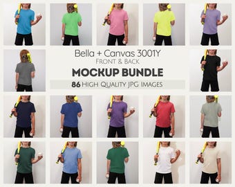 Bella Canvas 3001 mock-upbundel | Bella Canvas 3001Y-mockups | Bellas Canvas 3001Y-modelbundel voor- en achterkant | Mockupbundel jeugdt-shirt