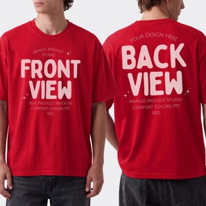 May include: A red short-sleeve t-shirt shown from the front and back. The front features the text "MANGO MOCKUP STUDIO FRONT VIEW REAL PRODUCT MOCKUPS COMFORT COLORS 1717 RED". The back features the text "YOUR DESIGN HERE BACK VIEW MANGO MOCKUP STUDIO COMFORT COLORS 1717 RED".