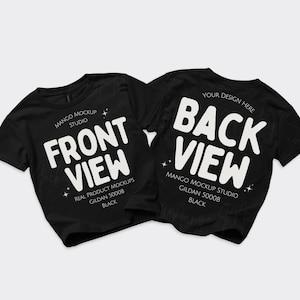 May include: Two black t-shirts displayed side by side. The left shirt features white text reading FRONT VIEW, MANGO MOCKUP STUDIO, and GILDAN 5000B BLACK. The right shirt features white text reading BACK VIEW, YOUR DESIGN HERE, and GILDAN 5000B BLACK.
