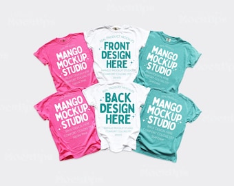 Comfort Colors C1717 Group Shirt Mockup | Front and Back 1717 Mockups | CC1717 Neon Pink White Seafoam | Summer T-Shirt Mockups
