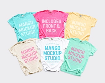 Mockup groepsshirt Comfort Colors C1717 | Voor- en achterkant 1717-mockups | Krijtmunt neonroze boter ivoorwit eilandrif