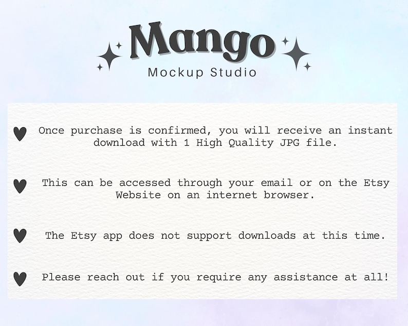 Op de afbeelding: Een digitale mockup-afbeelding met de tekst "Mango Mockup Studio" in een gestileerd lettertype. De afbeelding bevat instructies voor toegang tot een gedownload JPG-bestand na aankoop en merkt op dat de Etsy-app geen downloads ondersteunt.