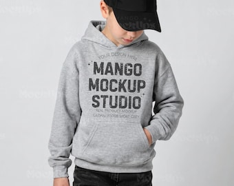 Gildan 18500B Sport Grey Hoodie Mockup | G18500 Youth Grey Hooded Sweatshirt Mockups | Real Product Mocks | Kids Basic Simple Neutral Mock