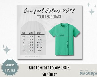 Może przedstawiać: Tabela rozmiarów dla koszulek Comfort Colors 9018 dla młodzieży. Tabela pokazuje szerokość i długość w calach dla rozmiarów od XXS do XL.