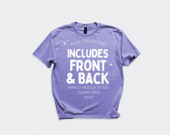 Mockup di maglietta Gildan 5000 viola in posa piatta / Mockup di t-shirt G500 viola fronte e retro / Fotografia di prodotto reale
