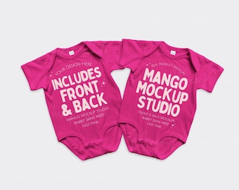 Rabbit Skins 4400 Hot Pink Baby Bodysuit Mockups | Green Group Front and Back Flat Lay Mockup | Real Product Mock | Digital Download