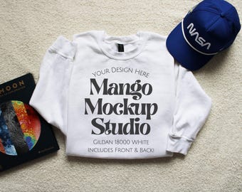 Gildan 18000 White Crewneck Mockup Bundle | G180 Mockup Bundle | Front and Back Sweater Mockup | Space theme mockup | Real Product