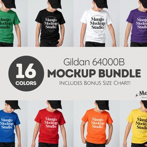 Könnte beinhalten: Ein Mockup-Bundle mit Kinder-T-Shirts in verschiedenen Farben, darunter Grün, Schwarz, Weiß, Lila, Blau, Rot, Orange und Gelb. Jedes Shirt zeigt das Logo "Mango Mockup Studio". Das Bild enthält auch Text, der 16 Farben und eine Größentabelle angibt.