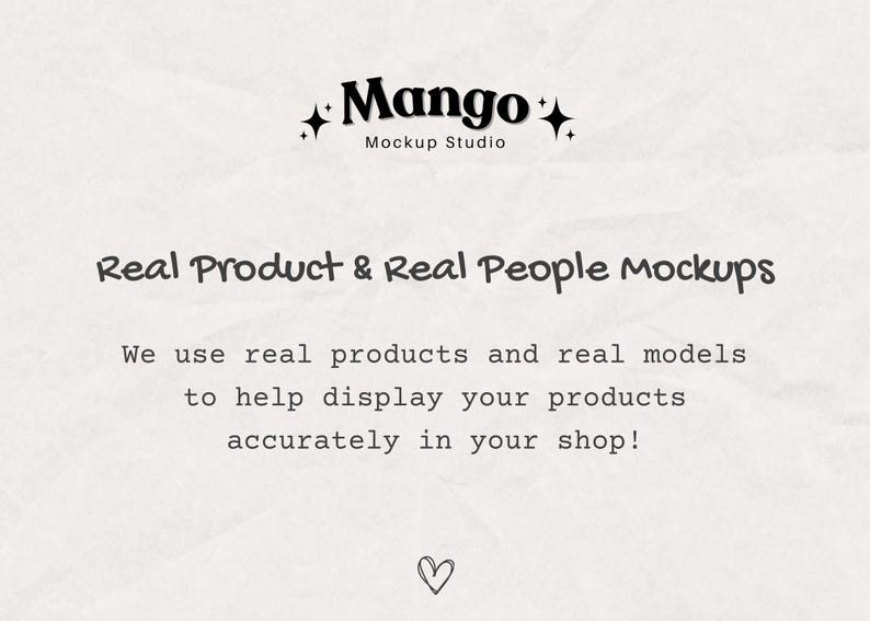 May include: A cream-coloured background features the text "Mango Mockup Studio" in a black, stylised font. The text "Real Product & Real People Mockups" is also displayed. The image states that real products and models are used to accurately display products.