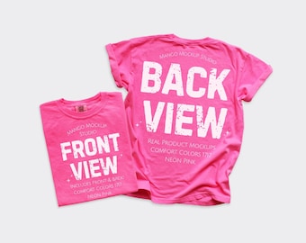 Comfort Colors c1717 Neon Pink Shirt Mockup | CC1717 Front and Back Flat Lay Mockup