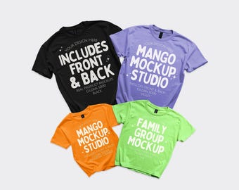Gildan 5000 Group Shirt Mockup | Halloween Family Matching Front and Back Mockups | G500 Black Violet | 500B Lime Tennessee Orange