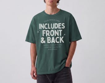 Comfort Colors 1717 Blue Spruce Male Mockup Front and Back | Green Blank T-Shirt Mock Up |  Oversized Shirt | Digital Download