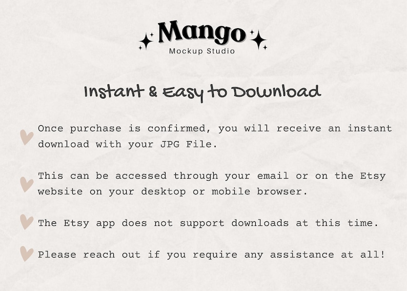 May include: Cream-coloured graphic with the text "Mango Mockup Studio" and "Instant & Easy to Download." Instructions are provided for downloading a JPG file after purchase, accessible via email or Etsy on desktop or mobile.