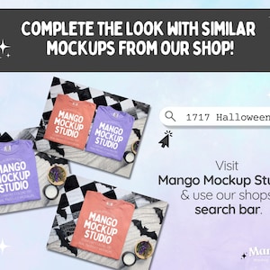 Op de afbeelding: Afbeelding van drie t-shirts in koraal, lavendel en paars, elk met de tekst "Mango Mockup Studio". De shirts worden gepresenteerd op een zwart-wit geblokt oppervlak met Halloween-decoraties. De tekst "Complete the look with similar mockups from our shop!" is inbegrepen.