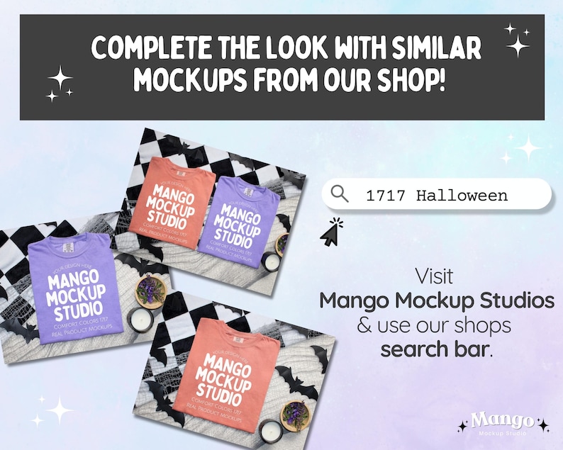 Op de afbeelding: Afbeelding van drie t-shirts in koraal, lavendel en paars, elk met de tekst "Mango Mockup Studio". De shirts worden gepresenteerd op een zwart-wit geblokt oppervlak met Halloween-decoraties. De tekst "Complete the look with similar mockups from our shop!" is inbegrepen.