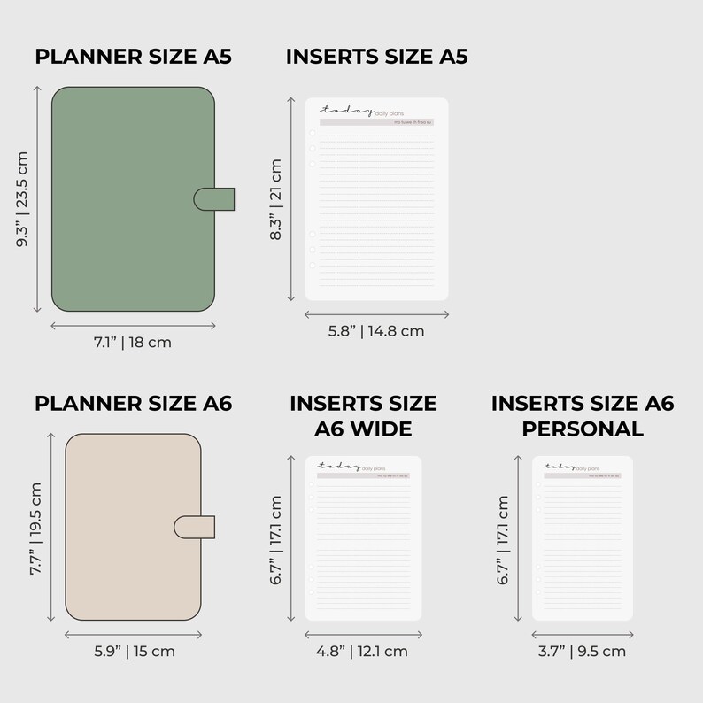Pode incluir: Imagem mostrando tamanhos de planejadores A5 e A6, juntamente com os tamanhos de inser&ccedil;&atilde;o correspondentes. O planejador A5 mede 23,5 cm x 18 cm, e o A6 mede 19,5 cm x 15 cm. Inser&ccedil;&otilde;es: A5, A6 Wide e A6 Personal.