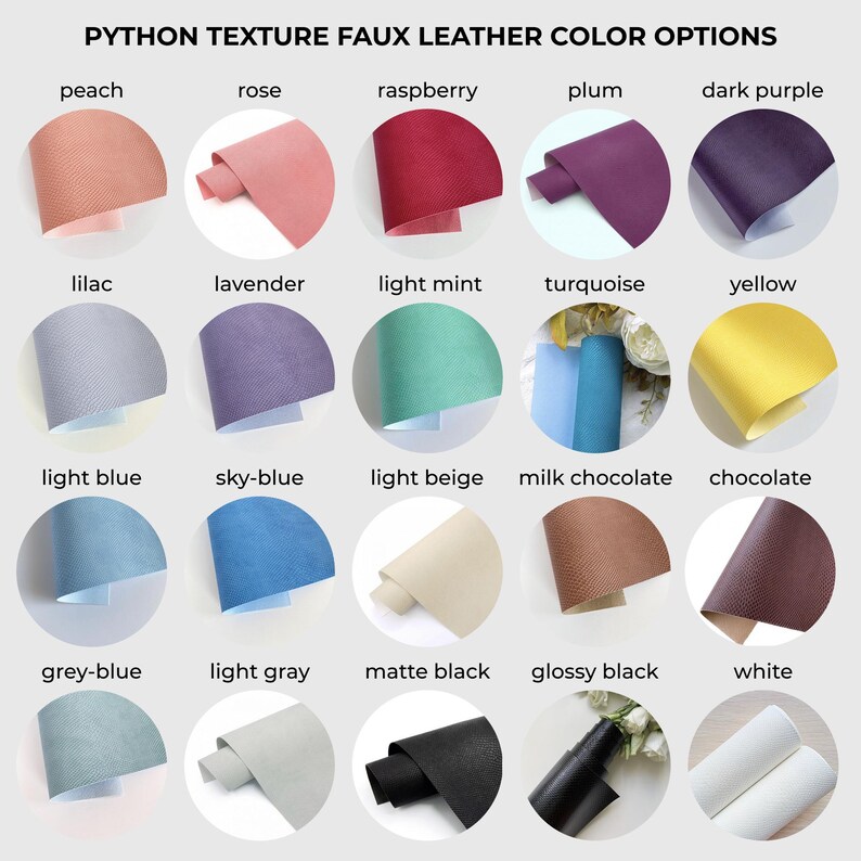 Pode incluir: Um gr&aacute;fico de cores de amostras de couro sint&eacute;tico com textura de p&iacute;ton. O gr&aacute;fico inclui cores como p&ecirc;ssego, rosa, framboesa, ameixa, roxo escuro, lil&aacute;s, lavanda, menta clara, turquesa e amarelo. O texto "PYTHON TEXTURE FAUX LEATHER COLOR OPTIONS" est&aacute; no topo.