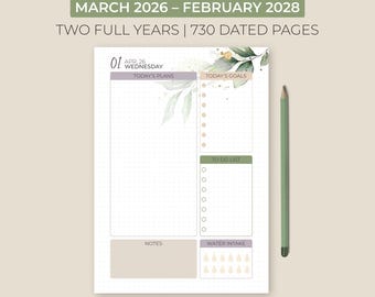 Planejador diário de dois anos (2026-2028) com folhas A5 imprimíveis, 730 páginas datadas, um dia por página, formato PDF para fichário, início em março.