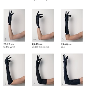 May include: A guide to glove lengths with six different lengths shown on a model's arm. The lengths are labeled with measurements in inches and descriptions such as "to the wrist", "under the sleeve", "3/4", "to the elbow", "opera length gloves", and "to the shoulder".