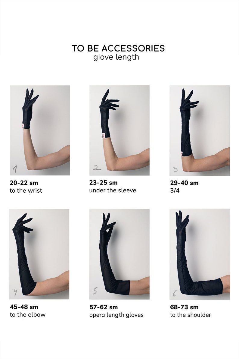 May include: A guide to glove lengths with six different lengths shown on a model's arm. The lengths are labeled with measurements in inches and descriptions such as "to the wrist", "under the sleeve", "3/4", "to the elbow", "opera length gloves", and "to the shoulder".
