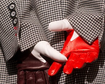 Bunte Lederhandschuhe, Fahrhandschuhe, vollständig anpassbare Handschuhe, Damenzubehör, Herbstkleidung, handgefertigte Handschuhe, burgunderrote und rote Handschuhe