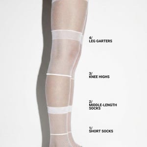 Puede incluir: Medias y calcetines de rejilla blancos con bandas blancas s&oacute;lidas a varias alturas. Los textos 1/ SHORT SOCKS, 2/ MIDDLE-LENGTH SOCKS, 3/ KNEE HIGHS, 4/ LEG GARTERS, 5/ STOCKINGS y SOCKS AND STOCKING LENGTHS aparecen junto a la pierna.