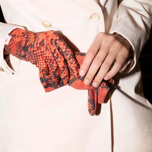 Snake Print Orange Gloves, Animal print, Bespoke Short Gloves, Mid-Season Gloves , Gloves for Women, Stretch, One Size, Drag Queen Gloves