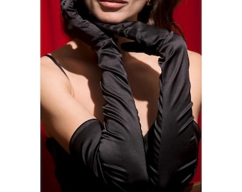 Schwarze Satin Handschuhe, Lang, Oberhalb des Ellenbogens, Stretch, Textil, Feierlich, Individuell, Opernlänge Boudoir, Handschuhe für sie, Klassische glänzende Abendhandschuhe