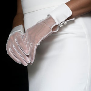 Wedding White Gloves, Sheer Tulle Short Bridal Gloves with Cuff, Short Classic Gloves, Formal Ivory Gloves, Elegant Festive Gloves