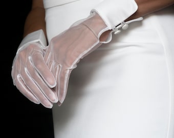 Wedding White Gloves, Sheer Tulle Short Bridal Gloves with Cuff, Short Classic Gloves, Formal Ivory Gloves, Elegant Festive Gloves