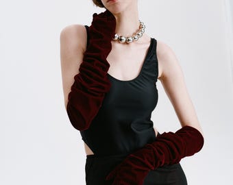 Burgundy Velvet Long Gloves, Vine Red, Dark red evening Gloves, Opera Length, Boudoir, for Her, Burlesque Style, Fashion Look Masquerade