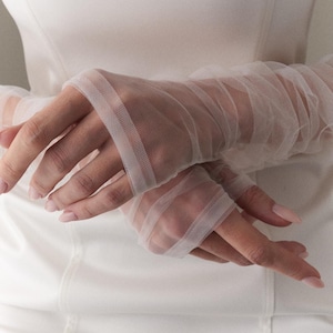 Bridal Sheer Tulle Fingerless Gloves, Wedding Long White Draped Mittens, Ivory, Formal, White Opera, Evening Sleeves with tags for her