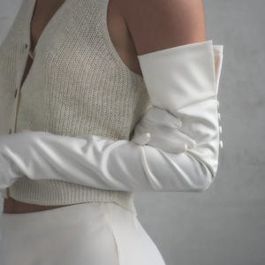 Wedding Satin Gloves with Cuff, White Couture Bridal Designer Gloves for Women, Long Formal, Ivory Evening, Prom, Classic Opera Gloves