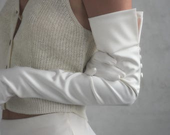 Wedding Satin Gloves with Cuff, White Couture Bridal Designer Gloves for Women, Long Formal, Ivory Evening, Prom, Classic Opera Gloves