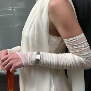 Mesh Sleeves with gloves, Fingerless Ivory Fashion Gloves, Long White Gloves, Formal Gloves, White Opera Gloves, Evening Gloves, Fingerless