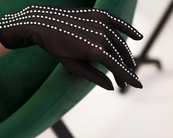 Lange schwarze Netzhandschuhe, kurze Handschuhe, Steinverzierung, verstellbare Handschuhe, Geschenk für sie, Party, Abschlussballnacht, Abend, Bühnenauftritt