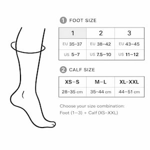 Puede incluir: Una tabla de tallas titulada EQUAL LINE measuring con un dibujo lineal de un pie y una pantorrilla. Incluye dos tablas: Foot Size con EU 35-37, 38-42, 43-45 y US 5-7, 7.5-10, 11-12, y Calf Size con XS-S, M-L, XL-XXL para 28-35 cm, 35-44 cm, 44-51 cm.