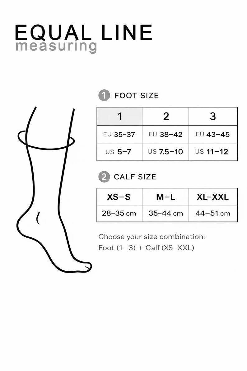 Puede incluir: Una tabla de tallas titulada EQUAL LINE measuring con un dibujo lineal de un pie y una pantorrilla. Incluye dos tablas: Foot Size con EU 35-37, 38-42, 43-45 y US 5-7, 7.5-10, 11-12, y Calf Size con XS-S, M-L, XL-XXL para 28-35 cm, 35-44 cm, 44-51 cm.
