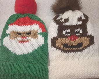 Knitted Santa or Reindeer Doubled Layered Beanie/Hat