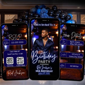 May include: Three smartphones displaying a birthday party invitation. The invitation features a man in a blue shirt, with details including the date, time, location, and dress code. The RSVP section includes a phone number and payment options.