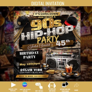 Può includere: Invito digitale per una festa Hip-Hop anni '90. Il design presenta scritte dorate, un boombox e un berretto da baseball nero. L'invito include il testo "It's Going Down!" e "Birthday Party". La festa è per il 45° compleanno di John Smith.