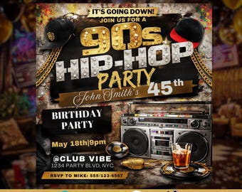 Volantino di invito per festa hip hop anni '90, dettagli e RSVP / Invito digitale, modello modificabile