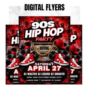 Könnte beinhalten: Digitale Flyer für eine 90er Hip-Hop-Party. Das Design zeigt ein rot-schwarzes Farbschema mit einem Ghettoblaster, Schallplatten, roten High-Top-Sneakern und einer roten Baseballkappe. Das Datum ist der 27. April.