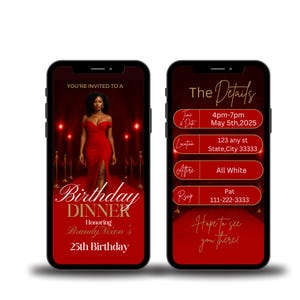 Pu&ograve; includere: Due smartphone mostrano un invito a una cena di compleanno. Lo schermo sinistro mostra una donna in abito rosso su un tappeto rosso. Testo: "Cena di Compleanno" e "25&deg; Compleanno". Lo schermo destro dettaglia l'evento: ora, data, luogo, abbigliamento e RSVP.