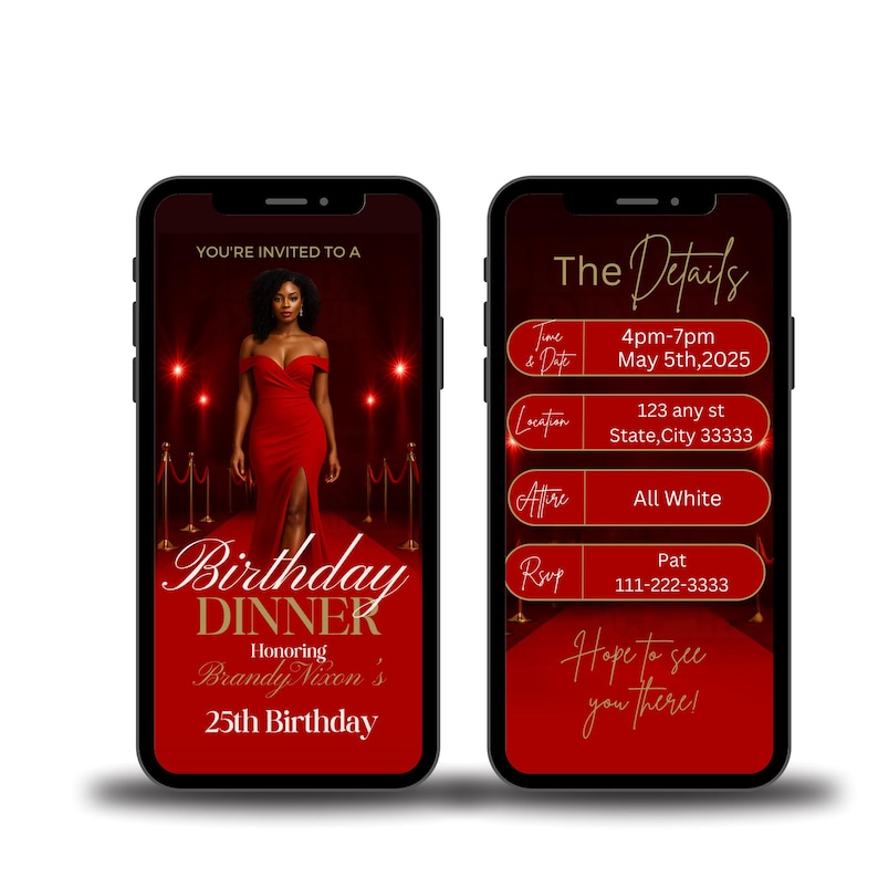 Pu&ograve; includere: Due smartphone mostrano un invito a una cena di compleanno. Lo schermo sinistro mostra una donna in abito rosso su un tappeto rosso. Testo: "Cena di Compleanno" e "25&deg; Compleanno". Lo schermo destro dettaglia l'evento: ora, data, luogo, abbigliamento e RSVP.