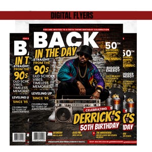 May include: A digital flyer for a 50th birthday celebration featuring a person in a bucket hat and colorful jacket sitting behind a boombox. The text reads BACK IN THE DAY, 50TH BIRTHDAY EDITION, and CELEBRATING DERRICK'S 50TH BIRTHDAY with event details.
