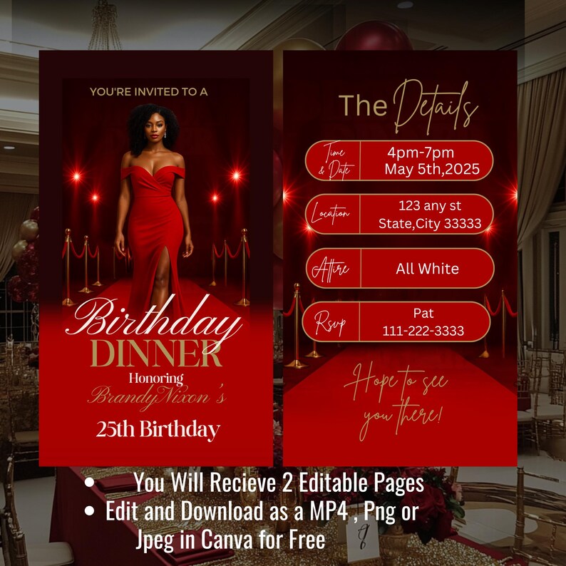 Pu&ograve; includere: Un invito rosso per una cena di compleanno con una donna in un abito rosso. L'invito include dettagli come data, ora, luogo, abbigliamento e informazioni RSVP. Il testo dice "Cena di compleanno" e "25&deg; compleanno".