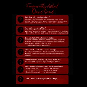 Pu&ograve; includere: Grafica nera e rossa con il testo "Domande frequenti". Il testo risponde alle domande su download digitali, accesso ai file, modifica e stampa. Il design include icone di punti interrogativi.
