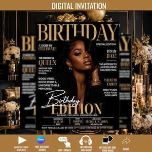 May include: A digital birthday invitation template designed as a magazine cover with a black background and gold text. It features the title BIRTHDAY, the text BIRTHDAY EDITION, and details for a party on June 28, 2025, at 8:00 PM in Atlanta, GA.